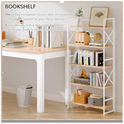 4NM 5 Tiers No Assembly Book Shelves, 51.2" H Folding Bookshelf Bookcase Open Industrial Foldable Shelves for Bedroom, Living Room, Home Office - Natural White - color: Natural White, size: XX 5-Tier