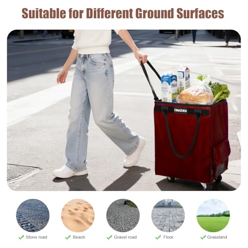 Reusable Grocery Bag Tote Bag with Wheels, Foldable Rolling Tote Bag with 3 Handles and Zipper - color: Red, size: Medium