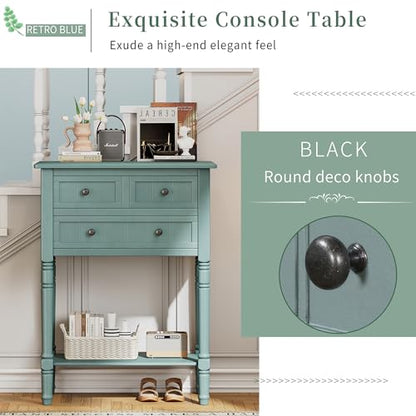 MTHOUSE Solid Wood Narrow Console Table, Entryway Table for Hallway & Living Room, Slim Sofa Table with 3 Drawers & Shelf, Easy Assembly Storage Furniture(Light Blue) - color: Light Blue