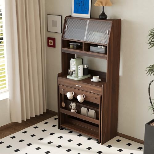 Spaco 2-in-1 Folding Dining Table and Buffet Cabinet Set,Compact Pull-Out Kitchen Table with Wheels,Storage Shelf and Side Hooks,Multifunctional Cupboard for Small Place (Walnut) - color: Walnut