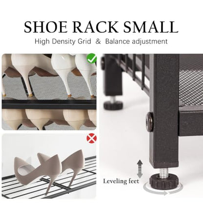 Small Shoe Rack for Entryway Closet, 4-Tier Narrow Shoe Shelf | Slim Vertical Shoe Storage Organizer with Guardrails, Metal Mesh Shelves, Wooden Top, Free Standing, for Front Door Entrance - size: 17.32" X 10.24" X 23.03"