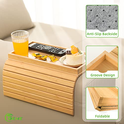 GEHE Bamboo Sofa Arm Tray, Foldable Couch Arm Tray Side Table, Anti-Falling Armrest Tables Cup Holder for Snacks, Drinks, Beers, Phone, Control, Flexible and Portable, Anti-Slip - color: Bamboo