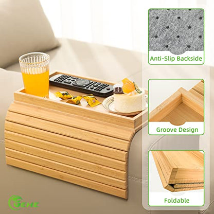 GEHE Bamboo Sofa Arm Tray, Foldable Couch Arm Tray Side Table, Anti-Falling Armrest Tables Cup Holder for Snacks, Drinks, Beers, Phone, Control, Flexible and Portable, Anti-Slip - color: Bamboo