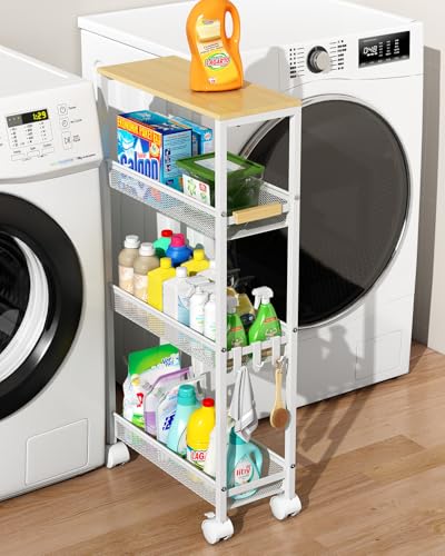 Utility Slim Storage Cart, 4 Tier Rolling Cart with Wheels, Narrow Storage Cabinet for Bathroom, Laundry Shelves for Room Organization, Small Organizer for Kitchen, Office and Dorm (White) - color: White, size: 7.2''
