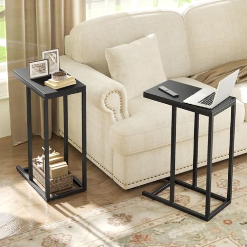 Giantex C Shaped End Table, Small Side Table for Sofa, Couch Table that Slide Under with Metal Frame, Industrial TV Tray Table for Small Spaces, C Table for Living Room Bedroom (2, Black) - color: Black