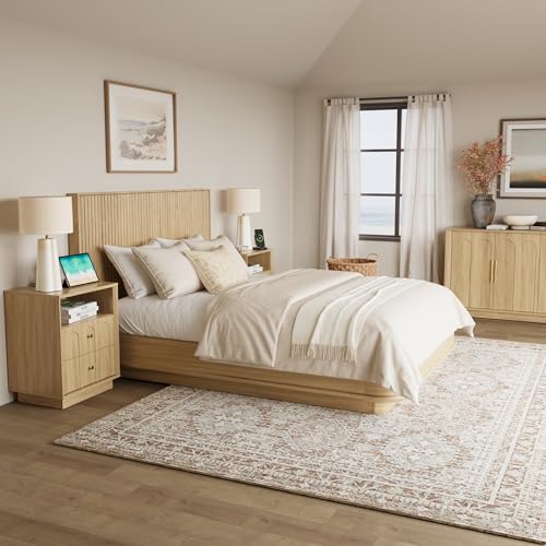 FORTUNETEC Nightstand Set of 2 with Charging Station, Mid Century Modern Nightstand with Arched Design,Boho End Table with Wood Grain Texture, Bedside Table for Bedroom Living Room Sofa Office, Oak - color: Oak, style: set of 2