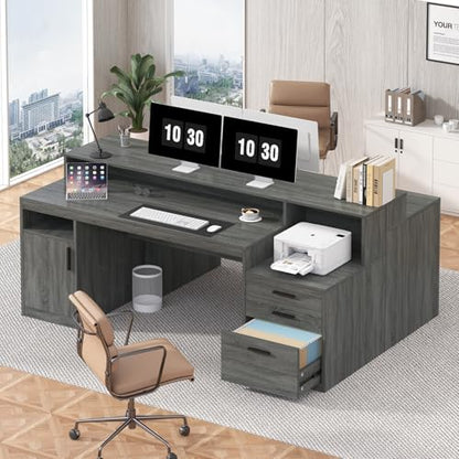 YOMILUVE Executive Computer Desk with 3 Drawers & Storage Shelves, 65 Inch Home Office Desk with File Drawer & Cabinet, Writing Study Desks with Monitor Stand & Printer Shelf, Dark Grey - color: Dark Gray