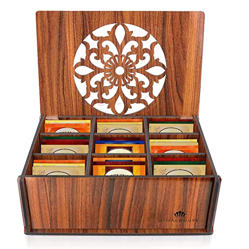 RoyalHouse Premium Wood (Hard MDF) Tea Storage Box Organizer (Brown), Eco-Friendly Multi-Functional Decorative Box, 9 Compartments For Assorted Variety Of Tea Bags and Small Items | Eco Friendly Design,Functional Organizer,Perfect for Tea Bags & Small Ite
