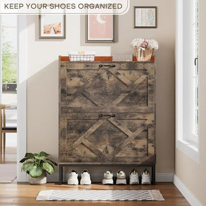 Nicetree Shoe Cabinet with 2 Flip Drawers, Entryway Organizer, Chestnut | Slim Wood Shoe Rack with Metal Legs, Farmhouse Shoe Cabinet Storage for Entryway, Foyer, Hallway, Shoe Dresser with Hook - color: Chestnut