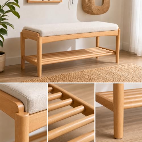 Solid Wood Shoe Bench, 40 Inch Entryway Bench with Light Gray Cushion | Wide natural oak bench with visible wood grain and soft cushion provides spacious seating with timeless modern style. - color: Natural + Light Gray Cushion, size: 39.37"