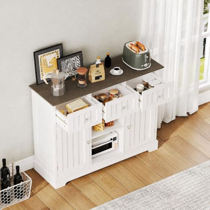 ChooChoo 35.4" Coffee Bar Cabinet with 3 Drawers and 2 Doors, White & Brown | Buffet Cabinet with Adjustable Shelves, Storage Cabinet for Compact Kitchens, Dining rooms and Living rooms - color: White & Brown