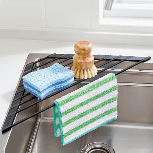 Ohuhu Corner Sink Caddy, Sponge Holder for Kitchen Sink Organizer - Silicone Wrapped Steel Anti Slip Rust Triangle Over the Sink Roll-UP Dish Drying Rack for Sink Corner Kitchen Sink Accessories - color: Black, size: 16.9" x 9.8" x 3.5"