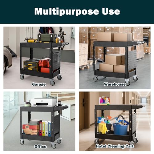 Heavy Duty Utility Service Tool Cart, 39 x 17 in, 2 Shelf Flat Top Rolling Cart with Hanging Board, 550LBS, Swivel Wheels, Ergonomic Handle for Garage, Warehouse, Office, Workshop, Auto Repair