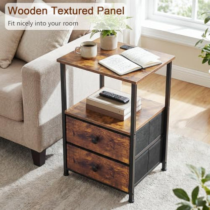 LOAKEKEL Night Stand, Nightstands Set of 2 with Charging Station | Bedside Table with 2 Fabric Drawers for Bedroom, End Tables with Storage Shelf for Small Spaces, Rustic Brown - color: Rustic Brown, style: Power