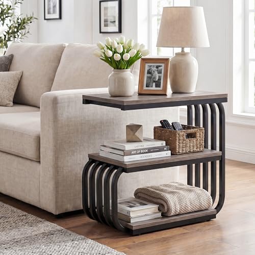 Tribesigns Small Narrow End Table with Storage Shelf, Industrial Side Tables with Curved Metal Frame, 3-Tier Accent Table and Nightstand for Living Room, Bedroom, Small Space (1, Grey) - color: Grey
