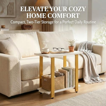 Transitional Narrow End Table, 2-Tier Rustic Side Table with Storage Shelves, Modern Farmhouse Industrial Nightstand for Living Room, Bedroom, Small Spaces, Couch, White/Gold - color: White+gold