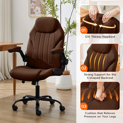 Ylzyxal Office Desk Chair, Ergonomic Computer Chair with Padded Flip-Up Arms and Adjustable Lumbar Support, PU Leather Executive Chair with Tilt Lock and 360° Swivel Rolling Wheels for Work, Study - color: Darkbrown