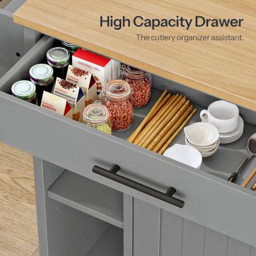 HOOBRO Kitchen Island with Trash Can Storage, Rolling Kitchen Island on Wheels, Mobile Island Cart with Power Outlet, Islands Table for 10 Gallon Garbage Bin, White and Grey GN80UZD01G1 - color: Natural + Grey