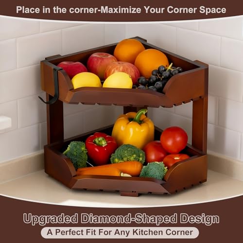 Wissy&Konny 2 Tier Corner Fruit Basket for Kitchen Counter, Acacia Wood Fruit Stand with Banana Hook, Space Saving Storage Rack for Fruits Vegetables Snacks