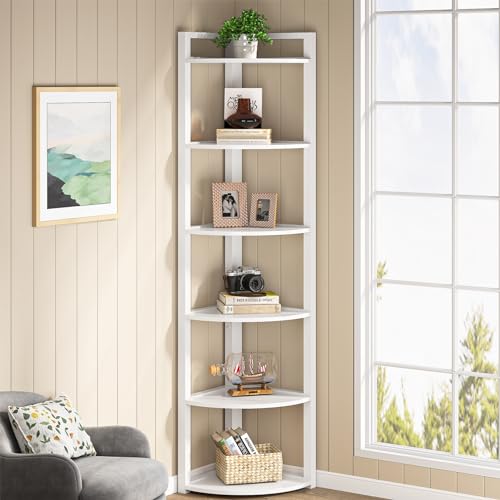 Tribesigns 6 Tier Corner Shelf, 70.9 Inch Tall Corner Bookshelf Small Bookcase Modern Corner Shelving Unit Storage Rack for Living Room, Home Office, Kitchen, Small Space (White) - color: White, size: 6-Tier