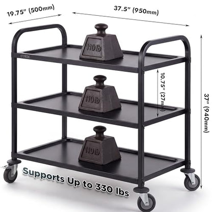 CURTA Black Stainless Steel Serving Cart, 3-Tier Rolling Utility Trolley (38"x20"x37"), Heavy Duty Painted Kitchen Cart on Wheels with Brakes, Commercial Grade for Restaurant, Hotel, Salon & Lab - color: Xl(black): 38(l) X 20(w) X 37(h) Inch