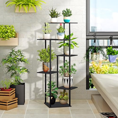 HAYOFAMY 6 Tier Black Plant Stand Indoor 43.7” Tall | Multiple Plant Shelf, Metal Wood Multiple, Flower Pot Holder for Living Room Office Balcony Patio