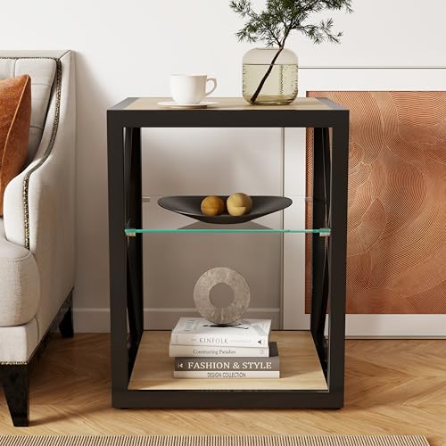 Bellemave 1 piece Side Table for Bedroom & Living Room, Modern End Table with 3-Tier Storage Shelve, Tempered Glass & Wood MDF, X-Frame Metal Support, Nightstand for Small Spaces, Natural - style: with glass