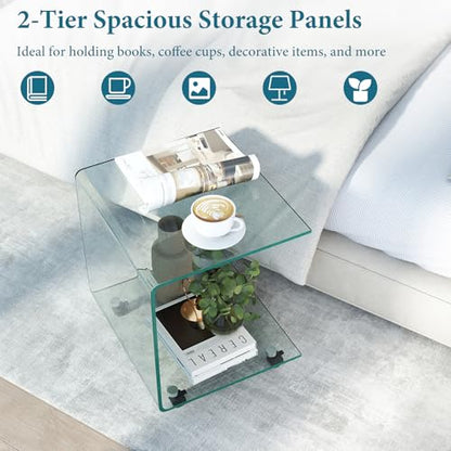 Tangkula Tempered Glass Side Table, Modern C-Shaped Bedside Table Nightstand with Storage Shelf, 4 Lockable Universal Wheels, Rolling Sofa End Table for Living Room Bedroom Office (1, Transparent) - color: Transparent