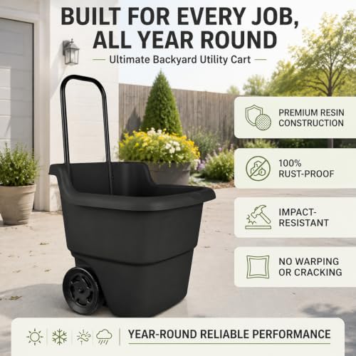 15-Gallon Rolling Lawn and Garden Utility Cart, Durable Resin Yard Wagon with Retractable Handle & 7-Inch Flat-Free Wheels for Outdoor Mulch, Dirt, and Debris Transport, Black