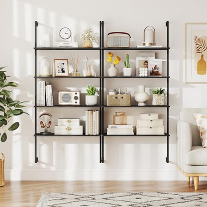 Tangkula 4-Tier Wall-Mounted Bookshelf, Industrial Modern Floating Storage Display Shelves with Metal Frame, Wall-Mounted Ladder Wooden Bookcase for Living Room, Kitchen, Bar, Office (1, Black) - color: Black