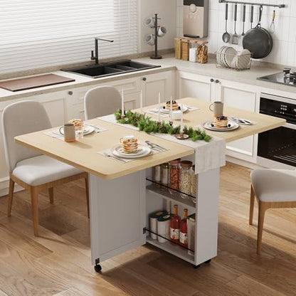 Garvee Folding Dining Table with Storage, Folding Kitchen Table with 6 Wheels, Drawer & Shelves, Compact Dining Table for Small Spaces - color: Burlywood