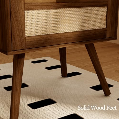 JOONEE Rattan Nightstand,Farmhouse Bedside Table with 2 Storage Drawer and Open Wood Shelf, for Bedroom and Small Spaces,Night Stand with Solid Wood Legs (Walnut Brown) - color: Walnut Brown