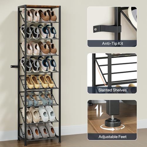 HOOBRO Narrow Shoe Rack for Small Spaces, Slanted Shoe Organizer for Entryway, Slim Angled Shoe Storage Rack for Closet, Space Saving 9 Tier Shoe Shelf Holds 8-16 Pairs, Rustic Brown BF92XJ01 - size: 9 Tier ( 60.6"H)