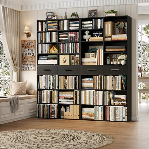 HOSTACK 73" Tall Bookshelf with Drawers, 7-Tier Black Bookshelf with Storage, Double Wide Bookcase with 14 Open Book Shelves, Wood Book Case with Adjustable Shelves for Media CD DVD Storage, Black