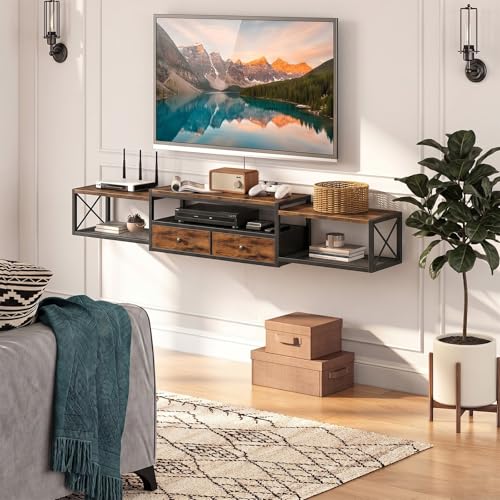 HavenlyYouth 55" Floating TV Stand, Modern Entertainment Center, Wall-Mounted Media Console Shelf for Under TV Storage, TV Cabinet for Living Room, Bedroom, Rustic Brown