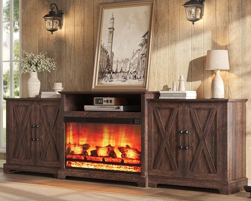 AMERLIFE Farmhouse 97" Large Fireplace TV Stand for TVs up to 110" | Entertainment Center with 33" Electric Fireplace, Media Console with Storage Cabinets & Adjustable Shelf, Rustic Brown - color: Rustic Brown, size: 97"