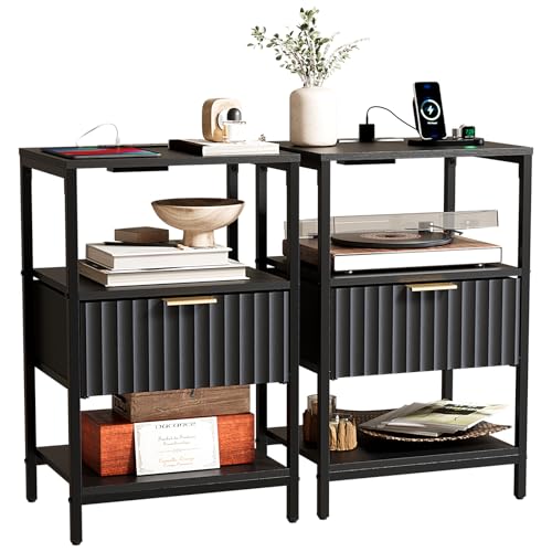 Bonnlo Fluted Nightstand Set of 2, End Table with Fabric Drawer with Charging Station, Night Stand with Storage Shelf & Handle, Fluted Side Table for Bedroom/Living Room,Black - color: Black, size: 1 Drawer