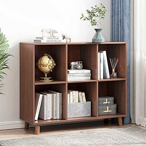 IOTXY Open Cubes Low Bookcase - 2-Tier 6-Cube Short Bookshelf in Walnut | Nordic Minimalist Style, MDF Material, Solid Wood Legs, Deep Storage Cubes, Free Standing Wooden Cabinet Organizer Unit - color: Walnut, size: 2-Tier 6-Cubes