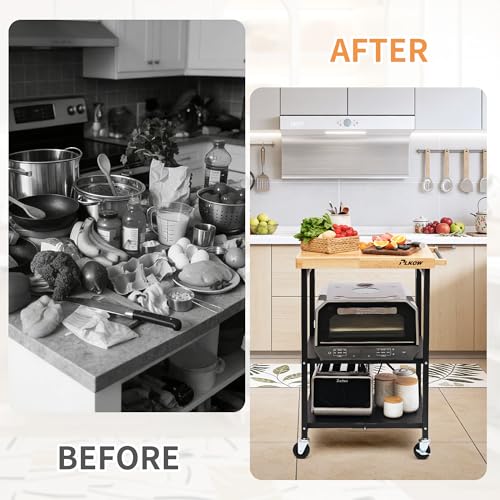 PLKOW Foldable Kitchen Cart with Solild Oak Wood Top, Rolling Kitchen Island on Wheels, 3-Tier Storage Utility Cart for Microwave, Toaster Oven, Small Spaces - color: Black