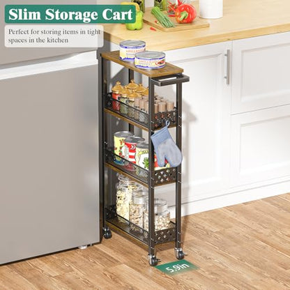 4-Tier Slim Rolling Storage Cart for Kitchen Bathroom Organizer, Mobile Narrow Storage Cabinet Utility Cart with Wood Rack on Wheels for Pantry Laundry Small Space - size: Brown/Net Bar