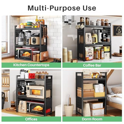 Microwave Stand, 3-Tier Expandable(17.4"- 27.4") Heavy Duty Adjustable Shelf Microwave Oven Rack, Kitchen Countertop Organizer and Storage with 9 Hooks & Cutting Board Holder, Holds up 180 lbs, Black - style: 3 Tier-Black