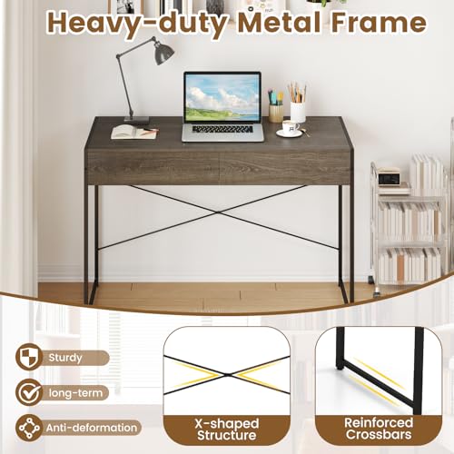 Giantex Computer Desk with 2 Drawers, 44 Inch Home Office Desk with Anti-Toppling Device & Metal Frame, Compact Laptop PC Table, Vanity Table, Modern Study Writing Desk for Small Spaces (Grey Oak) - color: Grey Oak