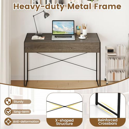 Giantex Computer Desk with 2 Drawers, 44 Inch Home Office Desk with Anti-Toppling Device & Metal Frame, Compact Laptop PC Table, Vanity Table, Modern Study Writing Desk for Small Spaces (Grey Oak) - color: Grey Oak