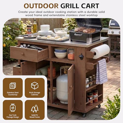 Outdoor Solid Wood Kitchen Island with Storage, 28" Extendable Stainless Steel Top Grill Cart, Rolling BBQ Prep Station with Drawers, Spice Rack, Towel Rack for Backyard, Patio, Camping - color: Brown