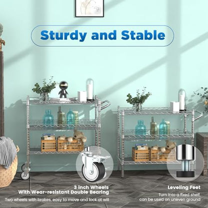 Leteuke 3 Tier Rolling Carts with Wheels, Heavy Duty Rolling Utility Cart | NSF Commercial Grade Metal Cart with Handle&Shelf Liner,Trolley Serving Cart for Kitchen,Restaurant,Plant Display,Chrome - color: Matte Chrome