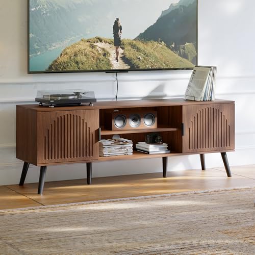 ChooChoo TV Stand for Living Room, Mid Century Modern TV Stand for 55/60 Inch TVs, Entertainment Center with Storage Cabinet and Open Shelves, TV Console Table Media Cabinet for Bedroom, Walnut - color: Walnut, size: 15.7"D x 53.9"W x 19.4"H