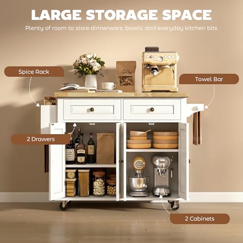 HOMCOM Kitchen Island Cart with Solid Wood Top, 44" Mobile Kitchen Island Table on Wheels with Storage Cabinets, 2 Drawers, Adjustable Shelves, Spice Rack & Towel Bar for Dining Room, White - color: White