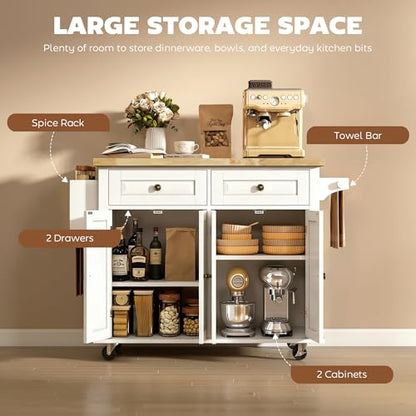 HOMCOM Kitchen Island Cart with Solid Wood Top, 44" Mobile Kitchen Island Table on Wheels with Storage Cabinets, 2 Drawers, Adjustable Shelves, Spice Rack & Towel Bar for Dining Room, White - color: White