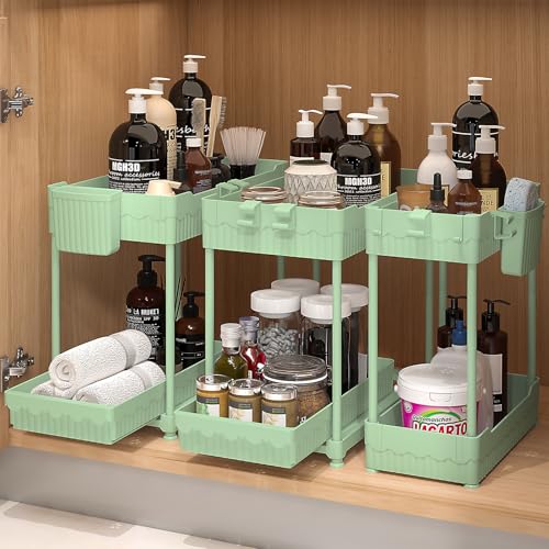 Sevenblue 3 Pack Under Sink Organizers, 2-Tier Multi-Use Kitchen and Bathroom Organizers and Storage with Sliding Drawers, Bathroom Cabinet Organizer (Green, 14.8 Inch) - color: Green, size: 14.8 Inch