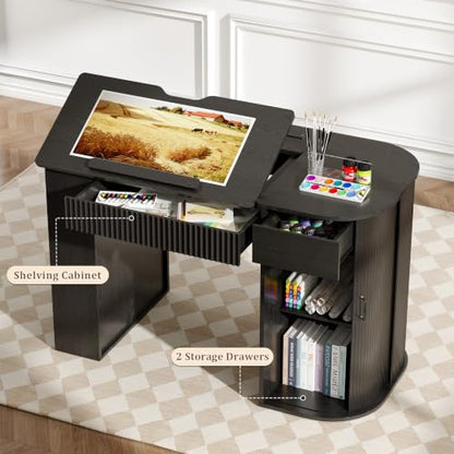 Drafting Table with Storage Cabinet & Drawers, Adjustable Drawing Table with Open Shelves, Crafting Table Art Desk for Home Office, Reading, Writing, Crafting, Painting (Black) - color: Black